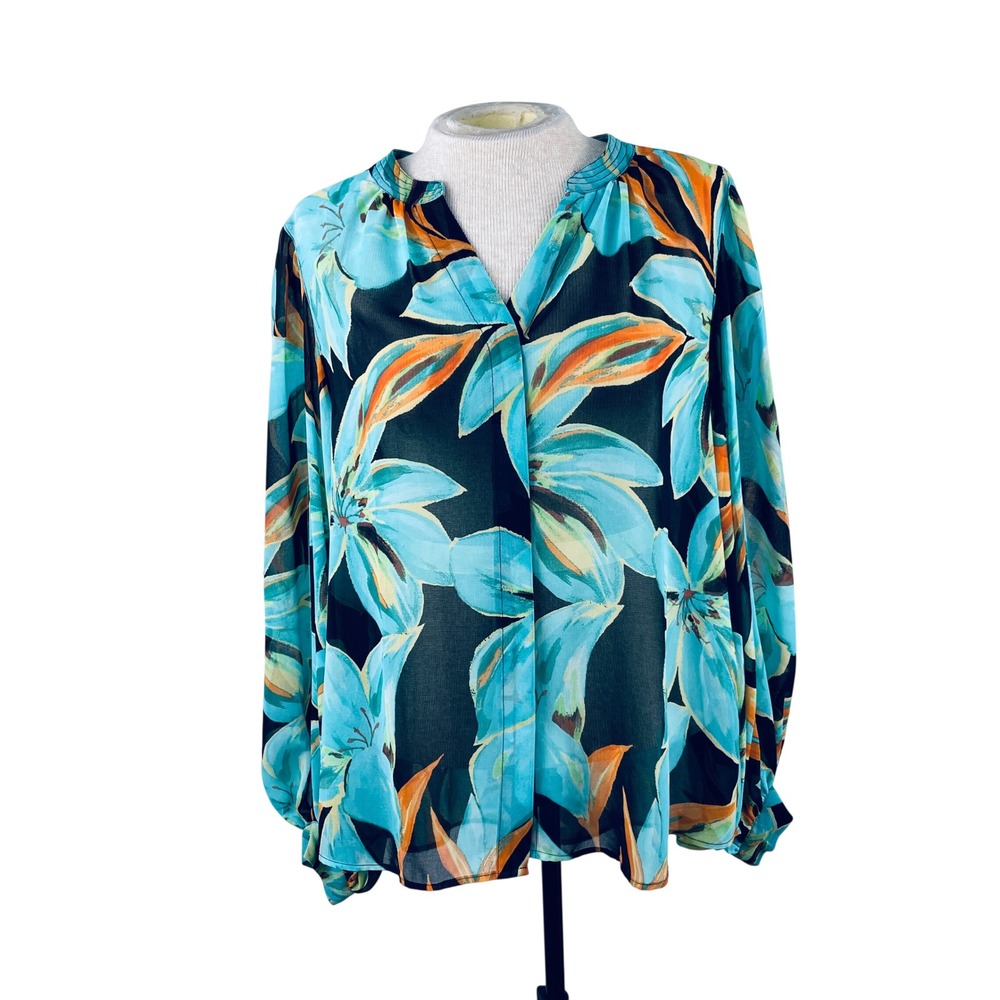 Chico's Floral Chiffon Blouse Turquoise V-Neck Long Sleeve Top Size 1.5/10